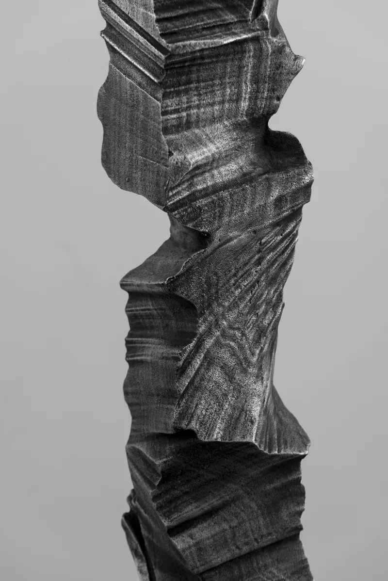 Profile of a column's layered surface against a grey background